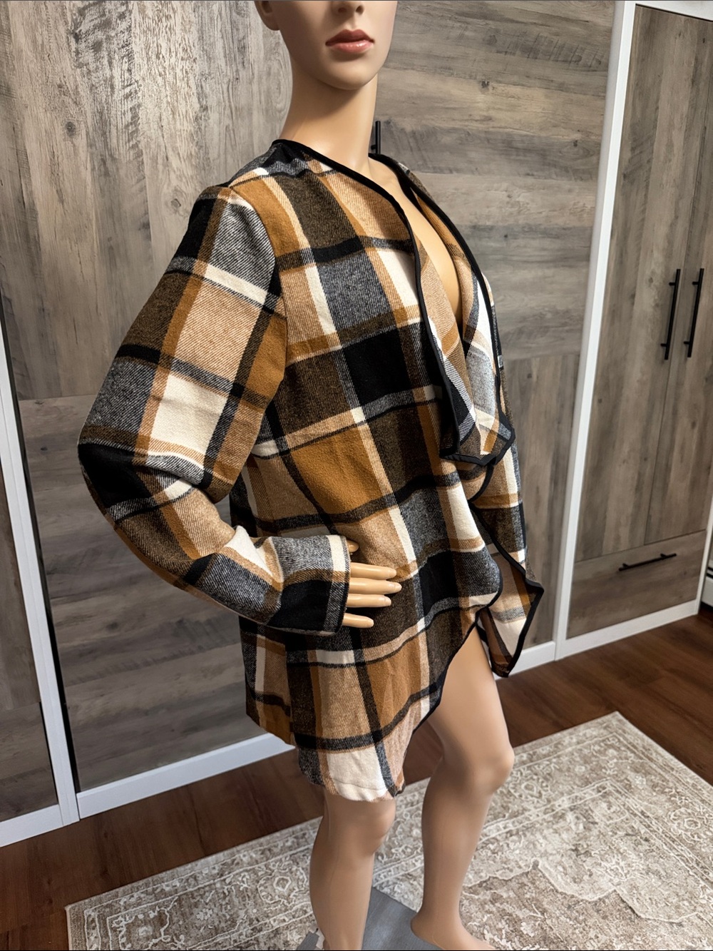 Plaid Open Cardigan Sweater - Camel Black Ivory